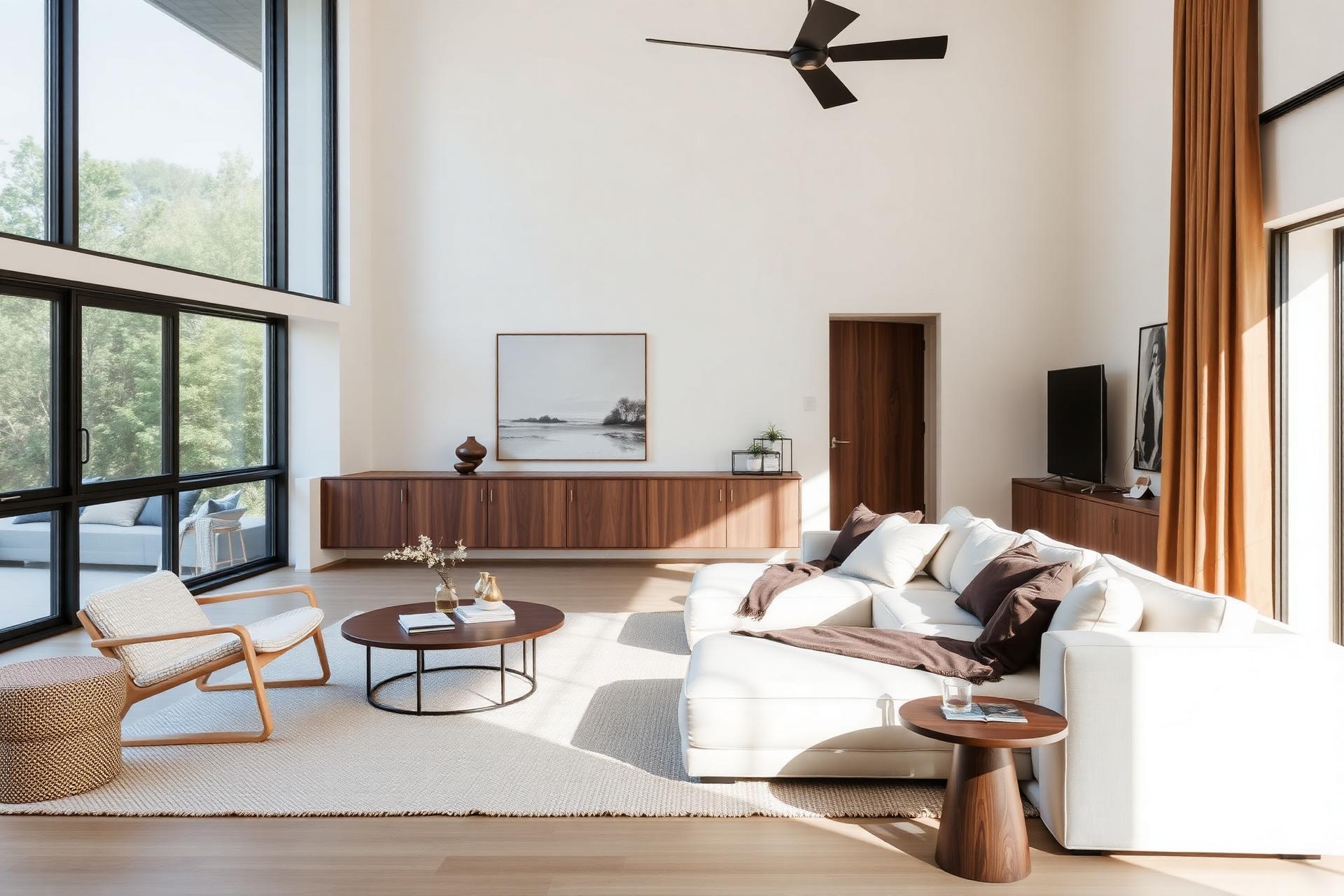 Custom living room with linen sectional sofa